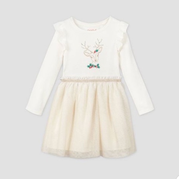 NWT Cat & Jack Floral Deer Tulle Long Sleeve Dress - Picture 1 of 4